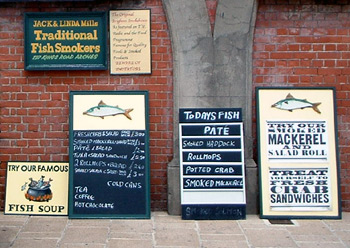 Signs at fish shop