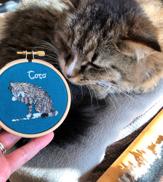I made this embroidery using a kit from the Cats Protection charity An embroidered likeness of a tabby cat on blue fabric in a small round frame, with the actual cat peering over the edge of the frame as if looking at the embroidery.